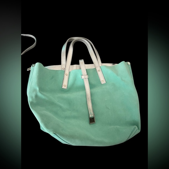 TIFFANY & CO. Reversible Metallic Silver Leather & Blue Suede Tote with Pouch - Picture 6 of 15